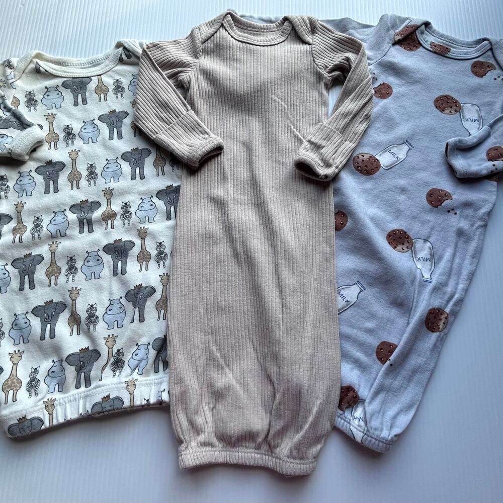 3 NB Newborn 0M Gowns Carter's HB Cookies Milk Hippo Hippopotamus Unisex